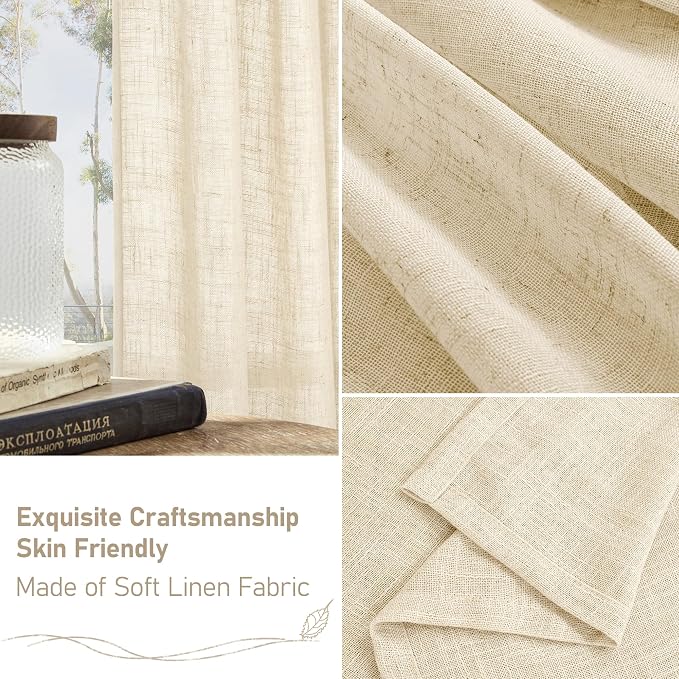 LAMIT Beige Linen Sheer Curtains 90 inch for Living Room, Soft Thick Bronze Grommet Light Filtering Boho Window Textured Neutral Drapes for Bedroom Farmhouse, 2 Panels Set, 52 x 90 Inch
