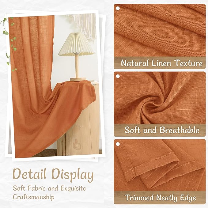LAMIT Sheer Linen Curtains for Living Room 90 inch Length 2 Panels, Light Filtering Panels Back Tab and Rod Pocket Farmhouse Drapes for Bedroom/Sliding Glass Door, Burnt Orange, 52 x 90 Inch