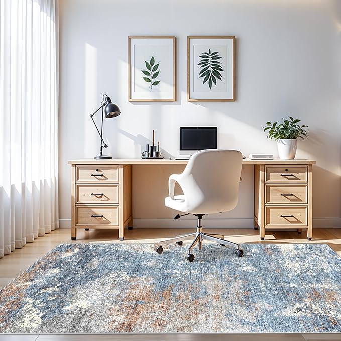4x10 ft Extra Wide Hallway Rug – Non-Slip Washable Large Carpet Runner for Kitchen, Indoor Entryway, Modern Abstract Low-Pile Thin Floor Mat for Bedroom, Living Room, Dining Room (Blue Rust,4x10)