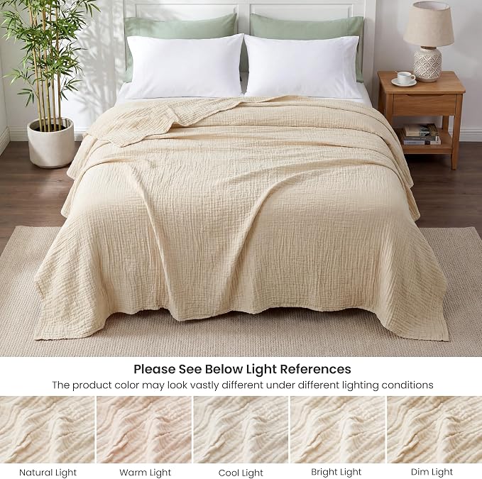 Love's cabin Cooling Muslin Blanket King Size, 50% Rayon Derived from Bamboo, 50% Cotton, 4-Layer Lightweight Breathable Summer Gauze Blanket for Bed, Soft for Hot Sleepers and Kids, 108"x90", Beige