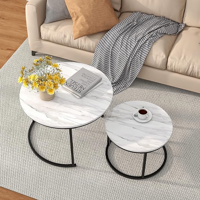 HOJINLINERO Round Coffee Table,Nesting Coffee Table Set of 2,Center Tables for Living Room,Office, Home Small Space,Stacking Side Tables,Sturdy and Easy Assembly,Wood Desktop,Black+White,Large
