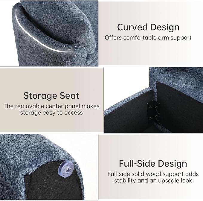 Usaint 58.3" Storage Ottoman Bench with Pillows, Upholstered End of Bed Bench with Arms, Footrest Stool Bench for Bedroom, Living, Window, Entryway and Hallway, Blue