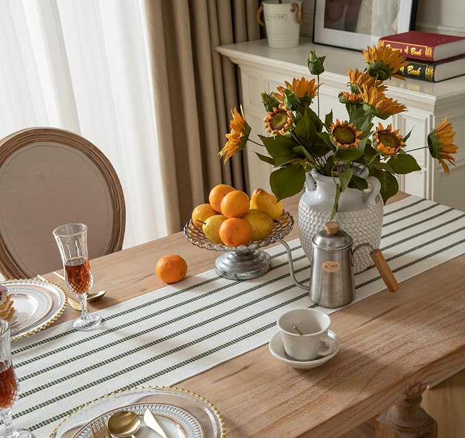 Caflife Boho Table Runner 60 Inchs Long Green and Beige, Cotton and Linen Woven with Tassels, for Modern Rustic Farmhouse Neutral Table Runners, Bohemian Kitchen Dining Table Home Decor