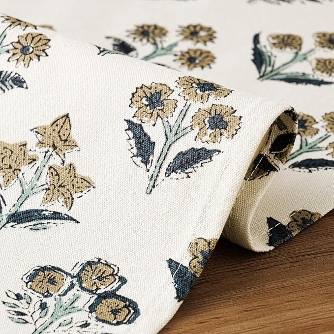 100% Cotton Block Print Floral Table Runners, 13x36 Inch Latte Farmhouse Table Runners 36 Inches Long Boho Flowers Home Decors