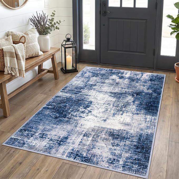 IOHOUZE Abstract Area Rug 4x5 Ft Washable Rugs for Entryway Indoor, Non Slip Small Living Room Rugs Printed Faux Wool Throw Rug, Floor Carpet for Kitchen Nursery Playroom, Navy/Grey