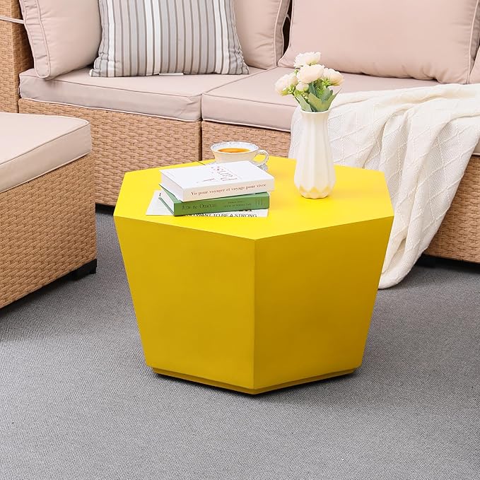 UPHA 28" Hexagon Outdoor Coffee Table, Modern Hollow Concrete Patio Table, Small Minimalist Low Accent Table for Living Room, Balcony, Deck, Backyard, Lemon Yellow