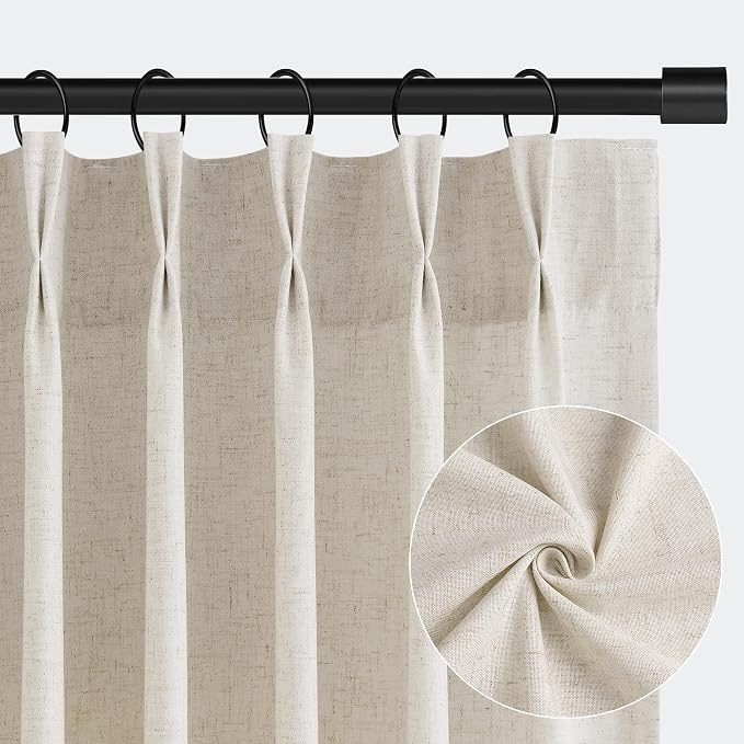 Vanilla Pinch Pleated Linen Curtains 84 Inches Long for Living Room Bedroom Pinch Pleat Drapes Rings Hooks Back Tab Light Filtering Boho Farmhouse Semi Sheer 84 Inch Curtain for Dining Room 40x84