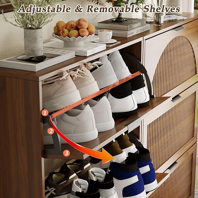 Shoe Storage Cabinet with 3 Flip Drawers, Narrow Wood Shoe Organizer Cabinet with Fluted Panel, Slim Shoe Rack for Entryway, Freestanding Shoe Cabinet for Living Room, Hallway, Walnut