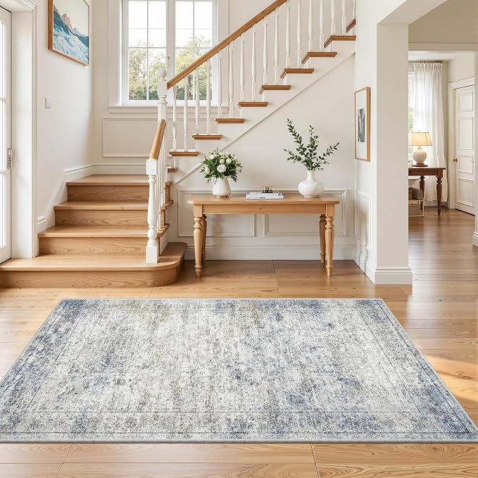 4x6 Area Rugs for Living Room, Non-Slip Backing Small Kids Rugs for Bedroom, Vintage Floral Rug Home Decor, Low Pile Soft Washable Rug for Kitchen, Dining Room (4'x6',Blue/Brown/Ivory)
