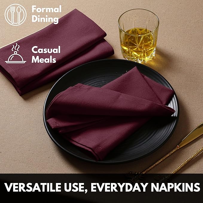 Napkins 100% Cotton Set of 12 Decorative Cloth Napkin Washable Dinner Napkins for Holiday, Dinner, Wedding, Baby Shower & Dining - Burgundy Wine (17"x17")