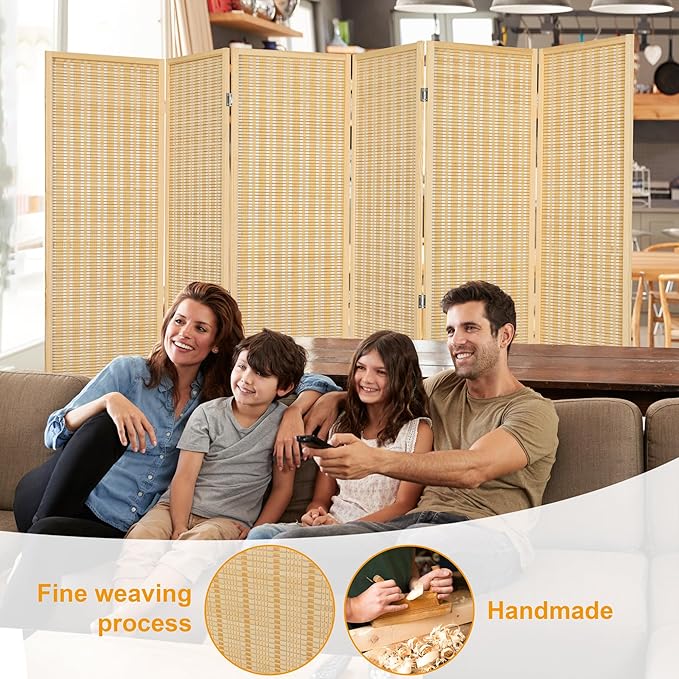 Bamboo Room Divider 6 Panel, Folding Privacy Screens for Room Separation, 5.6 FT Freestanding Room Divider for Home, Bedroom and Office, Assembly-Free, Natural