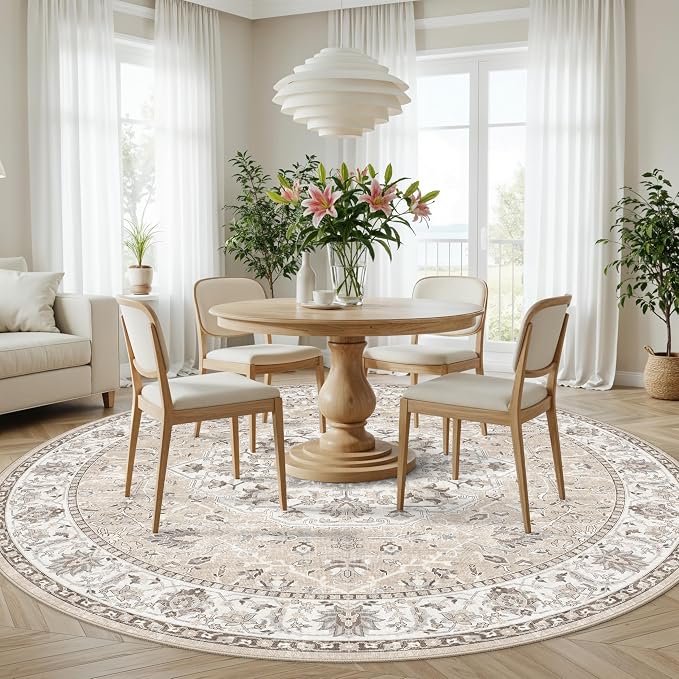 Washable 6ft Circle Round Rug: 6x6 Low-Pile Circular Rug for Living Room Bedroom Cute Office Nursery Area Rug with TPR Rubber Backing Soft Stain-Resistant Carpet Bathroom Entryway Dorm(6Round，Beige)