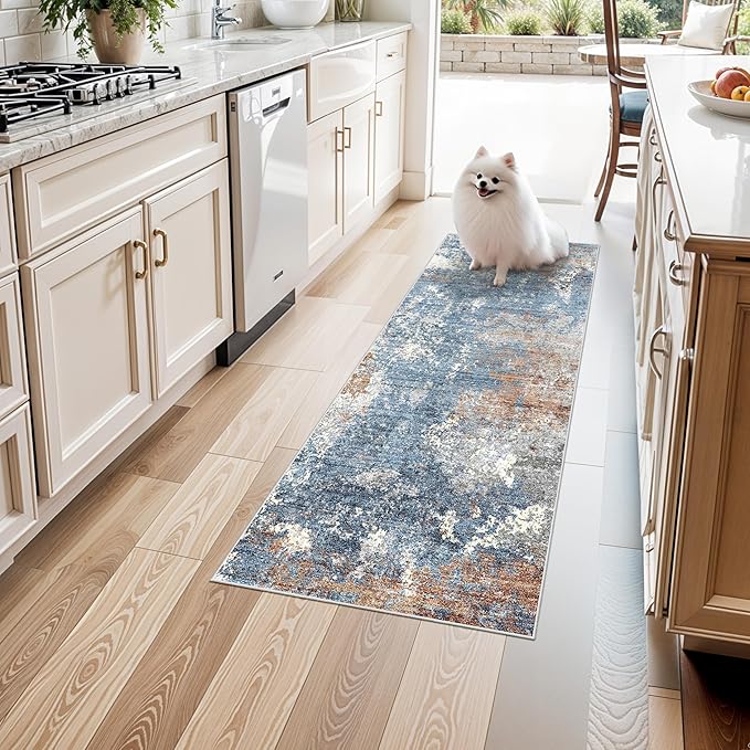 2x5 Washable Kitchen Rug Runner – Non-Slip Abstract Modern Neutral Small Rug for Bathroom, Hallway, Bedroom, Laundry Room, Entryway – Soft Low-Pile Thin with Rubber Backing (Blue Rust, 2x5)
