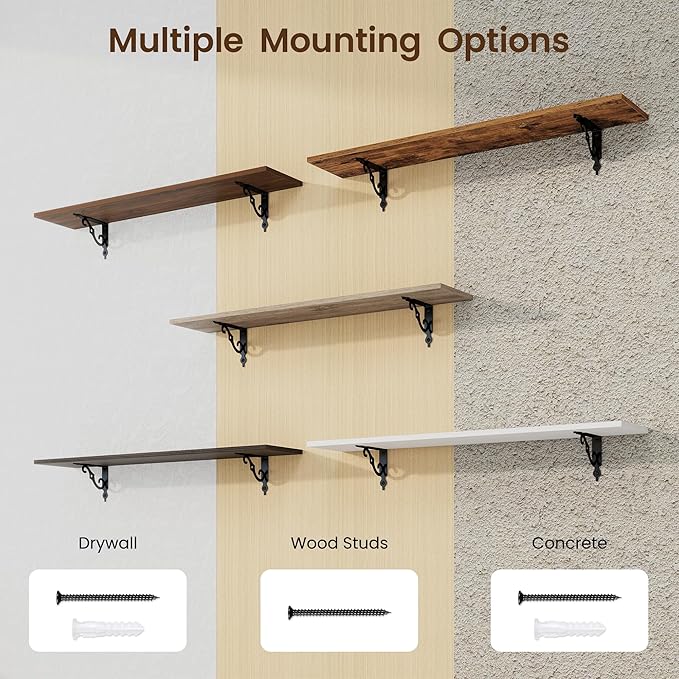 RICHFOCUS Floating Shelves for Wall Decor, 39.4W x 8D Shelves Set of 2, 8 Inch Deep Rustic Wood Shelves Wall Mounted with Brackets, Long Floating Shelves for Living Room Bedroom Kitchen, Black