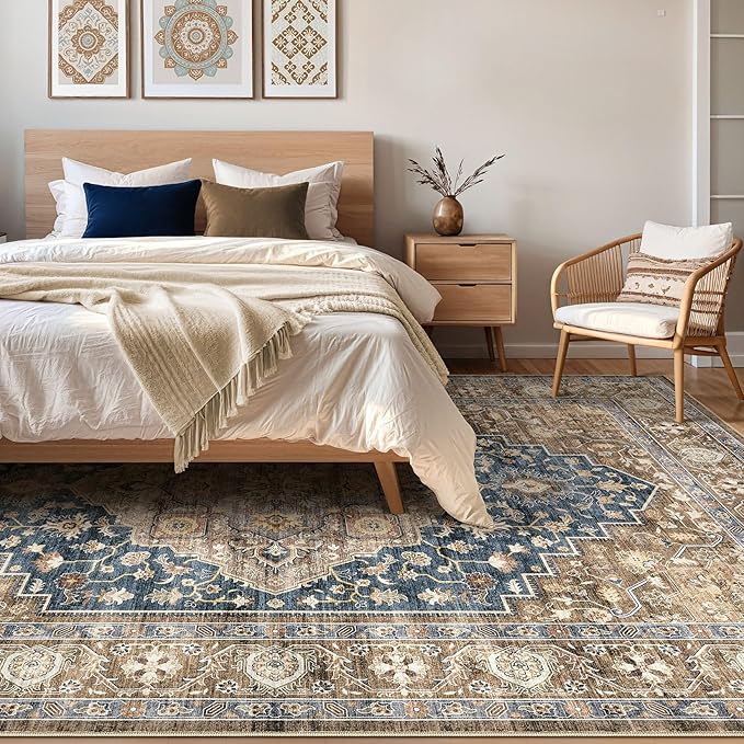 5x8 Area Rug Living Room: Washable Boho Large Neutral Vintage Soft Rugs Stain Resistant Farmhouse Non-Slip Indoor Floor Carpet for Bedroom Nursery Kids Office Dining Room Playroom- Yellow Blue