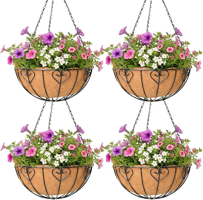 4 Pack Hanging Planter for Outdoor Plants 16 inch Metal Hanging Flower Basket with Coco Coir Liner Round Wire Plant Holder Chain Flower Pots Outdoor Garden Decoration Watering Hanging Baskets（AX）