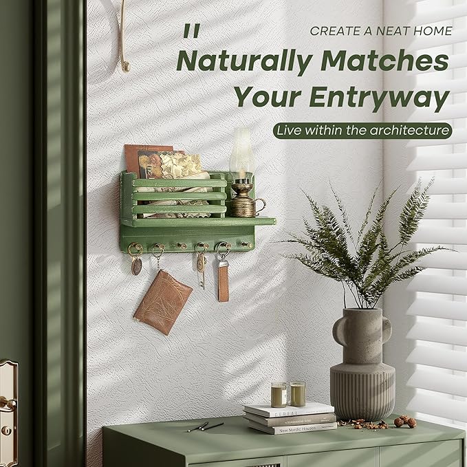 Rebee Vision Pine Wood Key Holder Wall Mount for Room Decor– 6 Hooks for Umbrella & Hats - Wooden Key Holder for Wall with Mail Slot Can Store Letters and Postcard (Green)