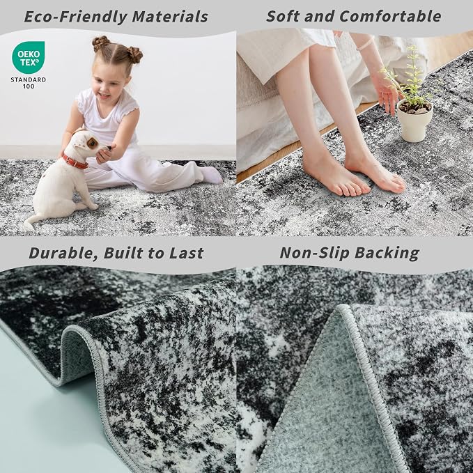 Washable Area Rug 9x12 Living Room – Neutral Modern Abstract Large Carpet for Bedroom Dining Room Office – Soft Non-Slip Low-Pile Thin Stain-Resistant Indoor Rugs （Black Grey,9x12）