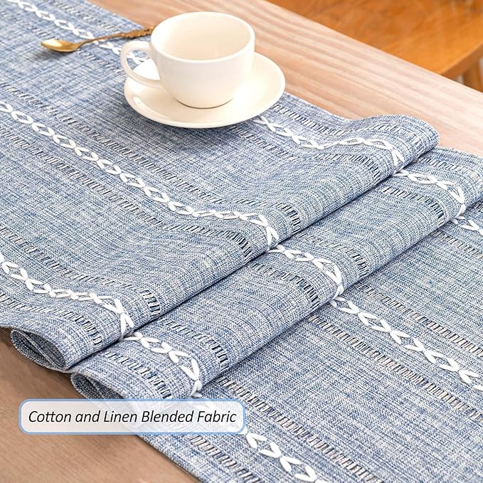 Table Runner, Rustic Farmhouse Linen Waterproof Table Runners for Holiday Party, Dresser Decor and Dining Room Decorations-Blue-14 x72, 4-6 Seats