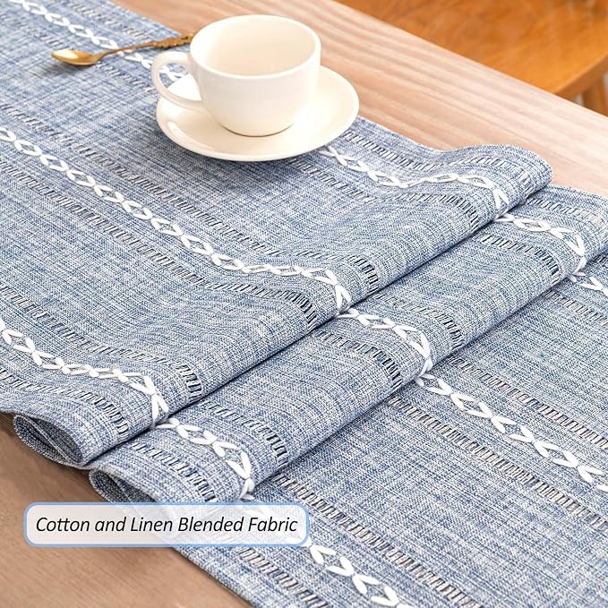 Table Runner, Rustic Farmhouse Linen Waterproof Table Runners for Holiday Party, Dresser Decor and Dining Room Decorations-Blue-14 x90, 6-8 Seats
