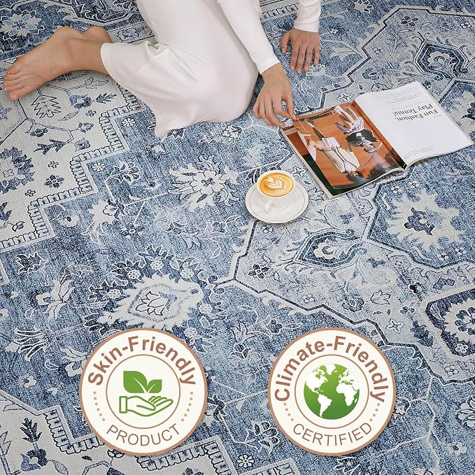 10x12 Area Rug Living Room: Washable Boho Large Neutral Vintage Soft Rug Stain Resistant Farmhouse Non-Slip Indoor Floor Retro Carpet for Bedroom Nursery Kids Office Dining Room- Blue Gray