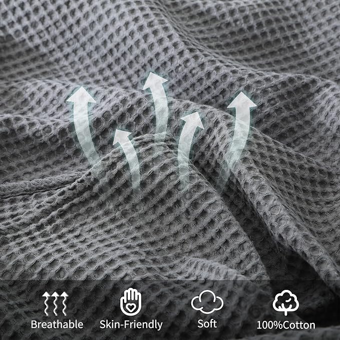 100% Cotton Waffle Blanket (Dark Grey - Queen Size - 90 * 90''), Pre-Washed and Anti-Shrinkage Soft Lightweight Bed & Couch Blanket, 380 GSM Waffle Weave Throw Blanket for All Seasons