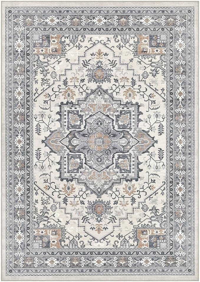 UERMEI 6x9 Area Rug Living Room Rugs - Washable Vintage Soft Large Rug Indoor Floor No Slip Rug Carpet for Bedroom Farmhouse Under Dining Table Home Office Decor - Grey-Orange