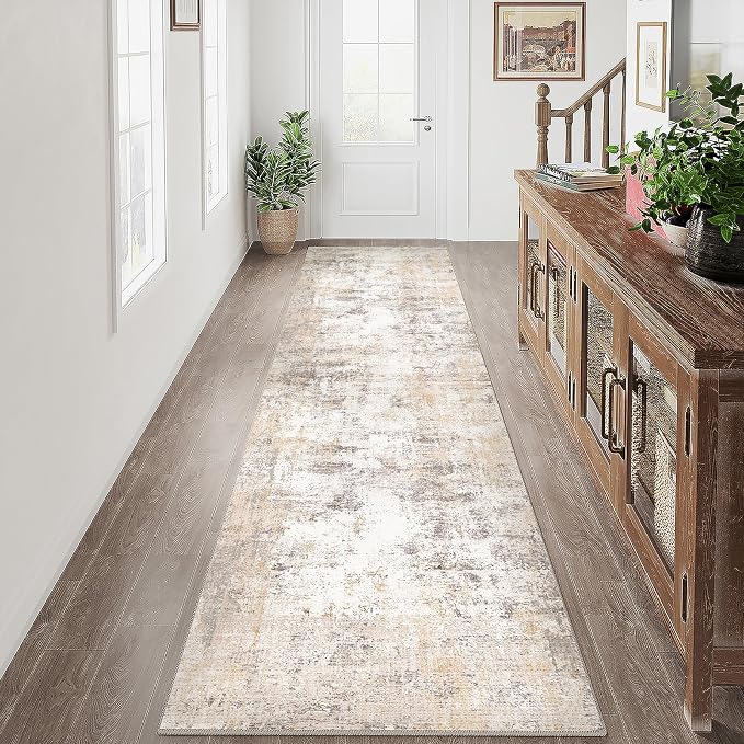 3x14 Washable Runner Rug Beige Grey Abstract Non Slip Soft Low Pile Hallway Kitchen Rug Neutral Modern Carpet for Laundry Bathroom Bedroom Living Room Home Decor