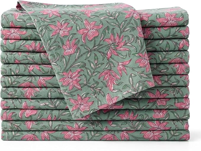 Floral Cloth Napkins Set of 12, 100% Cotton Reusable Dinner Napkins, Block Print Inspired, 18 x 18 Inch Table & Kitchen Napkins for Everyday Dining & Entertaining, Soft Green Floral