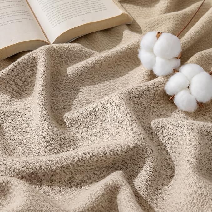 Bedsure GentleSoft 100% Cotton Blanket Queen Size for Bed - Cooling Breathable and Lightweight, Soft Cozy Textured Herringbone Woven Summer Blanket for Home Decor, Khaki, 90x90 inches