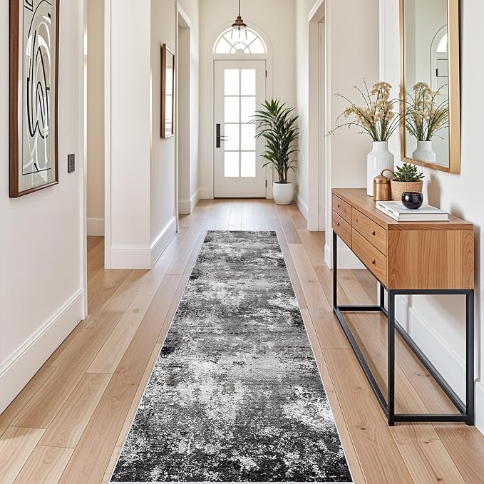 2x10ft Hallway Runner Rug – Non-Slip Washable Long Carpet Runner for Kitchen Entryway Living Room Bedroom Bathroom, Modern Abstract Neutral Low-Pile Thin (Black Grey,2x10)