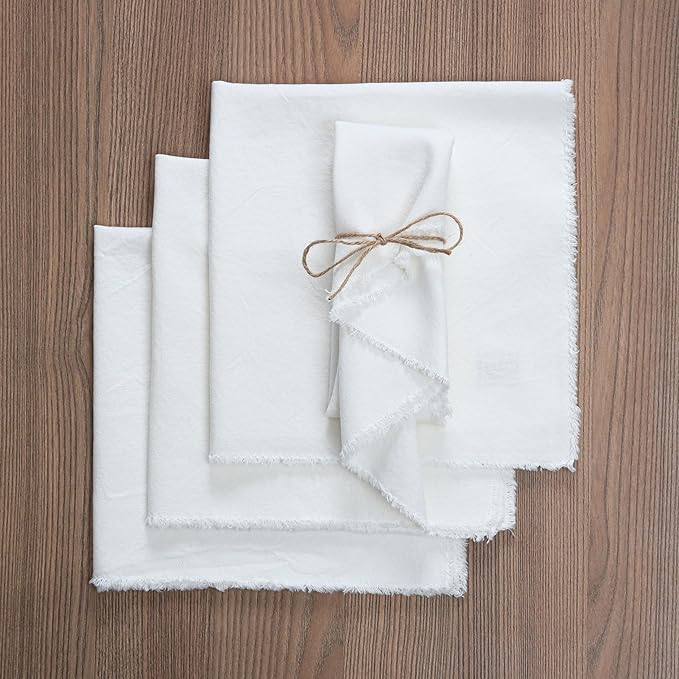 Palisa Premium Cotton Dinner Napkins Set of 4 | White Frayed Edge Rustic Farmhouse Table Linen | Soft Washable Long Lasting Durable Cloth Serviettes for Wedding Dining Decor 18x18 Inch