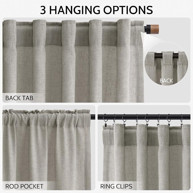 Nanspring Silver Grey Linen Curtains 90 Inch 2 Panels for Bedroom/Living Room Rod Pocket Back Tab Pleated Window Curtain Drapes Neutral Rustic Farmhouse Decor Dining Room Curtain 90 Inches Long
