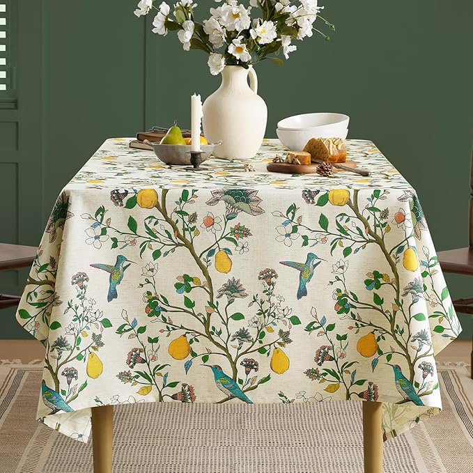 Vintage Colorful Floral Tablecloths Rectangular: Linen Printed Farmhouse Table Cloth - Whimsical Plant Lemon Bird Patterned on Cream Burlap Textured Outdoor Table Cover for Home Decor, 55x120 Inch