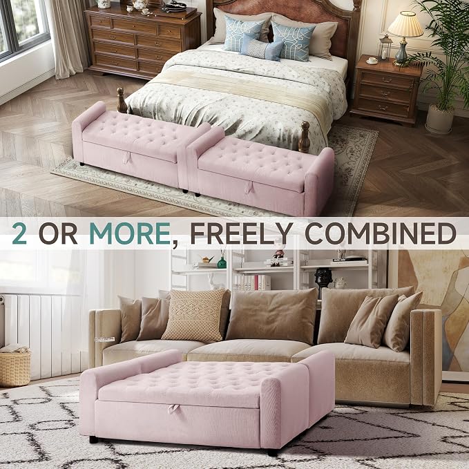 Ottoman with Storage, Tufted Storage Bench for Bedroom, 48" Fabrics End of Bed Bench, Upholstered Entryway Shoe Benches with Rolled Arm & Inner Zipper, Window Ottomans Chest without Rivets, Pink