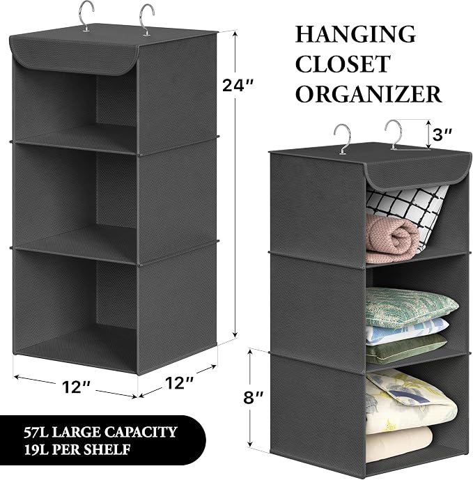 Simple Houseware 3-Shelf Hanging Closet Organizer, Fabric Storage Shelves with 57L Capacity, Dark Gray