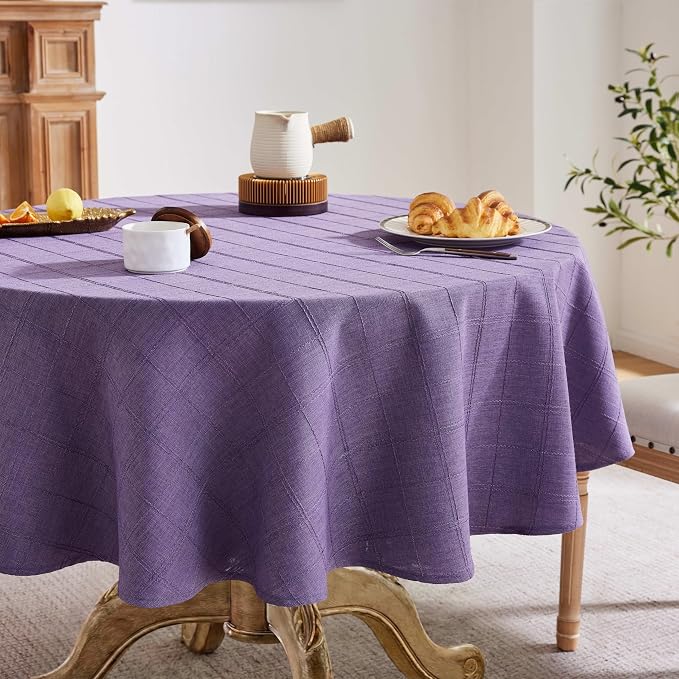 ZeeMart Linen Checked Table Cloth 52 Inches Round, Farmhouse Style Plaid Embroidered Water Resistant Table Cover, Purple