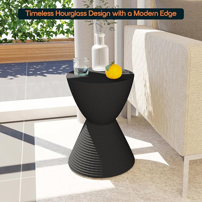 LeisureMod Black Side Table – Modern Hourglass Drum End Table with Storage, Removable Lid – Compact Accent Table for Indoor & Outdoor Use