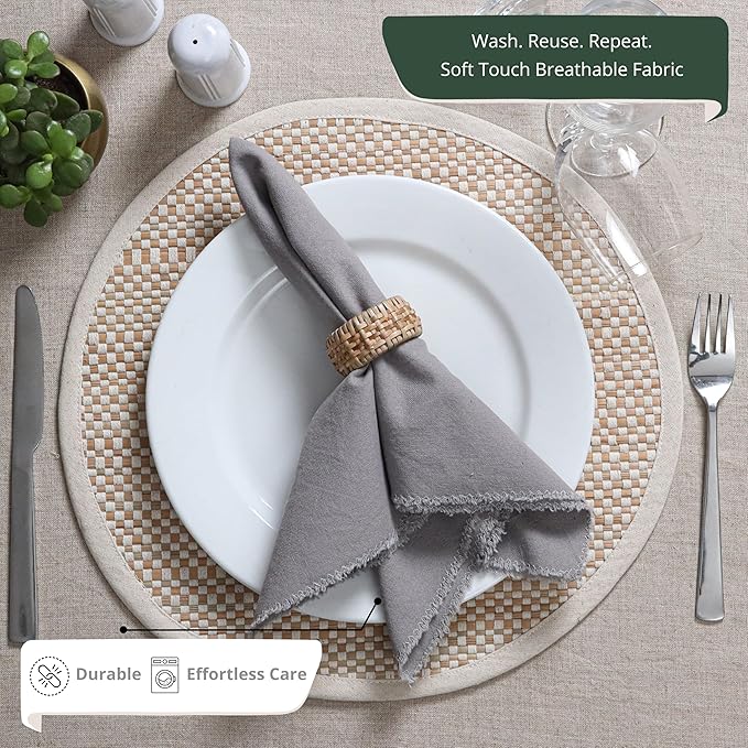 Palisa Premium Cotton Dinner Napkins Set of 12 | Grey Frayed Edge Rustic Farmhouse Table Linen | Soft Washable Long Lasting Durable Cloth Serviettes for Wedding Dining Decor 18x18 Inch