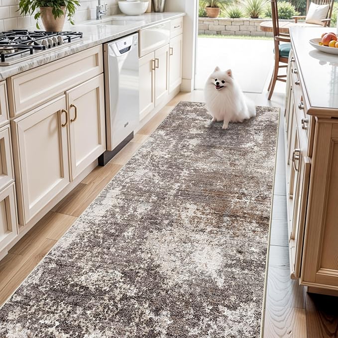 4x8 Area Rug for Indoor Entrance– Non-Slip Washable Door Mat for Entryway Kitchen Hallway Bedroom – Modern Abstract Low-Pile Thin Wide Rubber Backed Floor Mats (Brown Beige, 4x8)