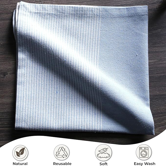 Palisa 100% Cotton Cloth Dinner Napkins [Pack of 12, Light Blue] Striped Pattern Reusable Table Linen Napkins for Home & Kitchen | Parties & Farmhouse Dining Décor 18x18 Inch