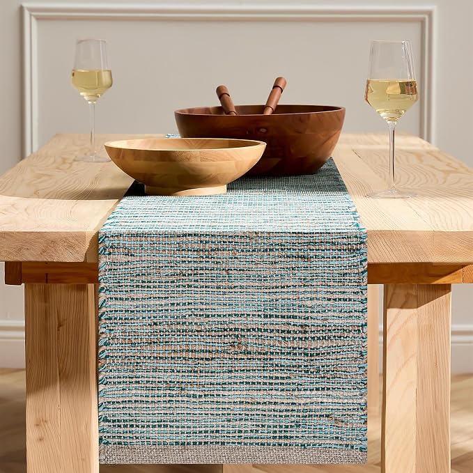 Boho Jute Table Runner for Dining Tables, Rustic Turquoise Table Runner Farmhouse Style , Cotton and Jute Neutral Colorful Indoor Kitchen Decor, 13 X 36 Inch, - Natural-Aqua Turquoise