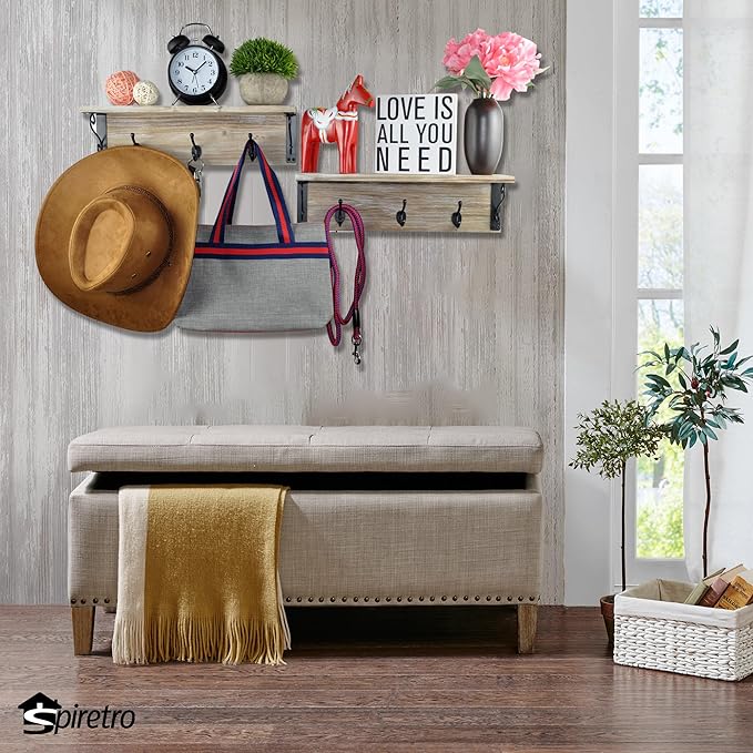 Wall-Mounted Coat Hook Rack with Shelf - Set of 2 - Rustic Wood Grey - Entryway Mudroom Bathroom Organizer