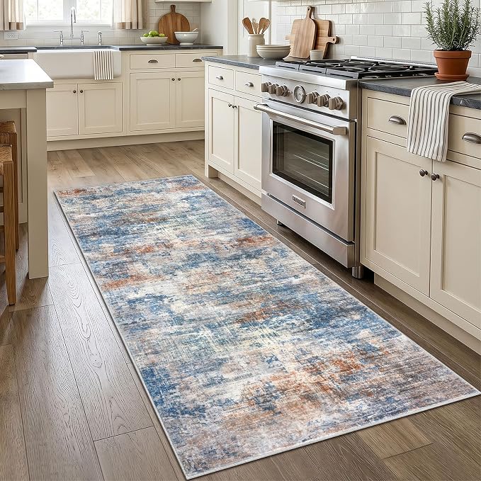 IOHOUZE Abstract Runner Rug 3x7 Ft Washable Runners for Hallways, Non Slip Kitchen Runner Printed Faux Wool Entryway Runner Indoor, Modern Abstract Floor Carpet for Hall Kitchen Bedroom, Blue Rust