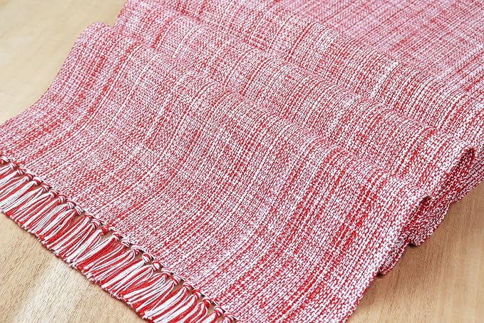 PurpleEssences Chambray Table Runner with Fringes - 100% Cotton, 13x72 Inch - Rustic Farmhouse Table Décor, Reusable, Machine Washable for Dining Tables - Spring Easter Summer - Red & H.White