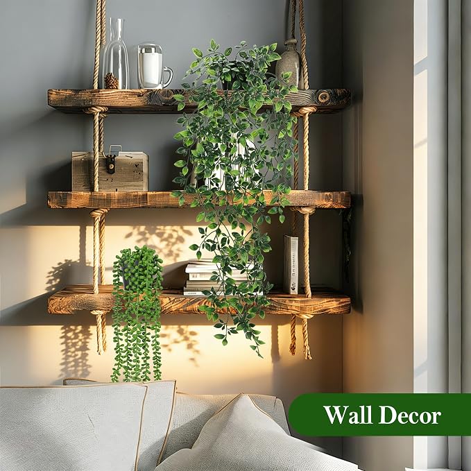 Der Rose 8Pcs Fake Plants Hanging Artificial Ivy Vine Faux Eucalyptus Hanging Plants for Home Boho Wall Shelf Indoor Outdoor Decor (Black Pots)