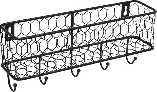 MyGift Wall Mounted Metal Entryway Mail Holder and Key Organizer Rack with 5 Hooks, Decorative Storage Basket and Hanger Hooks for Keys, Lanyard, Keychain, Light Coat