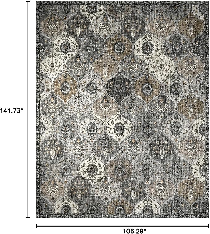 Lahome Moroccan Trellis 9x12 Rug for Living Room, Soft 9x12 Area Rug for Bedroom Dining Room, Ultra-Thin Non-Slip Non Shedding Distressed Throw Large Carpet for Office Elise, Grey