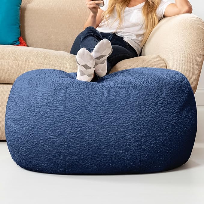 Jaxx Ellis Ottoman Shearling Faux-Lamb Plush Pouf for Modern Interior Design, Oval, Indigo