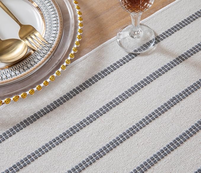 Caflife Boho Table Runner 72 Inchs Long Grey and Beige, Cotton and Linen Woven with Tassels, for Modern Rustic Farmhouse Neutral Table Runners, Bohemian Kitchen Dining Table Home Decor